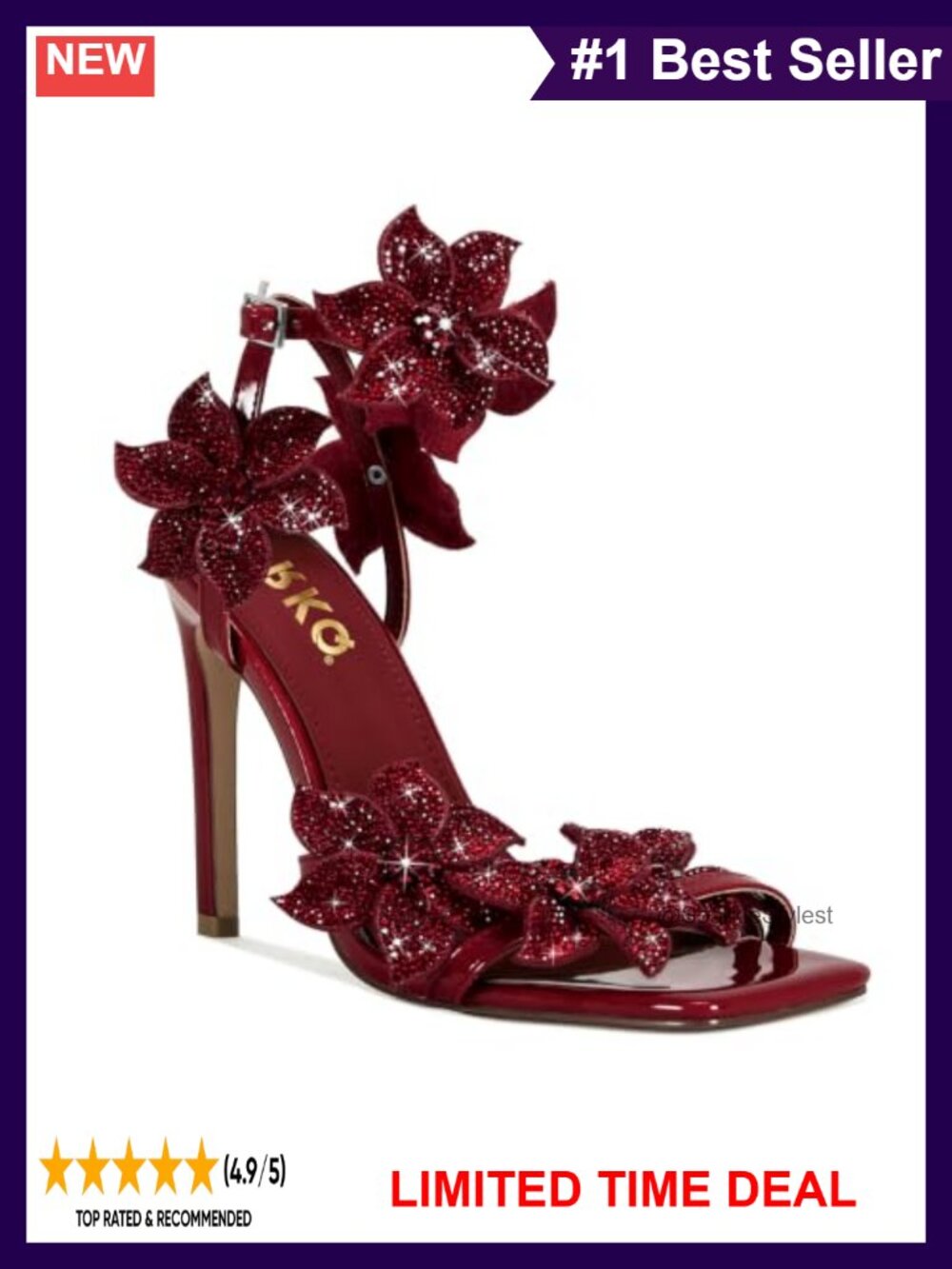Patent Leather Rhinestone Flower Stiletto Heels Sandals Square Toe Ankle Strap
